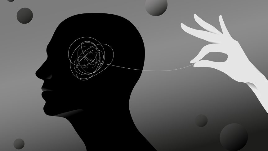 Illustration of a head in profile containing a tangle of looping lines, with a hand drawing out one thread from the tangle