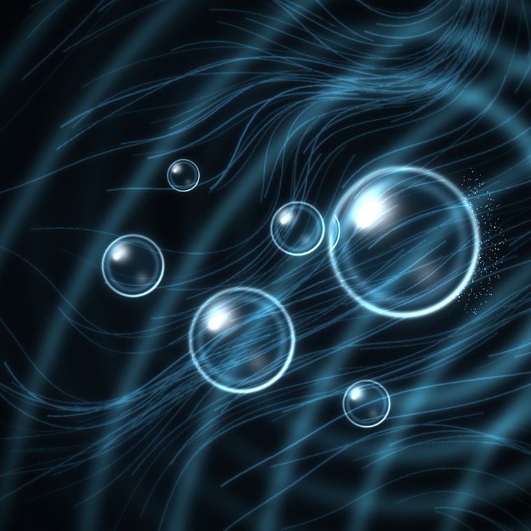 Gas bubbles oscillating under ultrasound, with wavefronts radiating outward through a fibrous medium